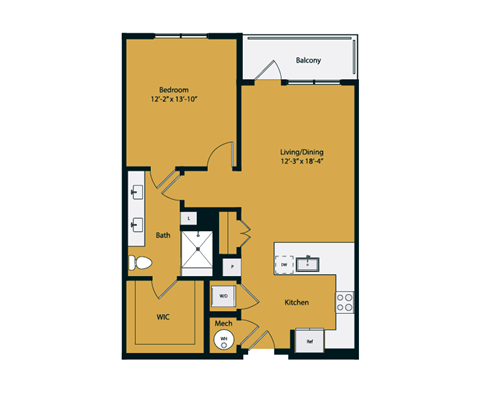 Floor plan for 1 bed, 1 bath, 848 sqft